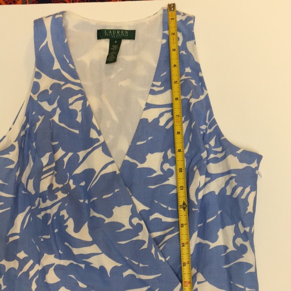 Lauren Ralph Lauren Linen Dress A Line Surplice Cut Blue and White Size 8 - Picture 10 of 15